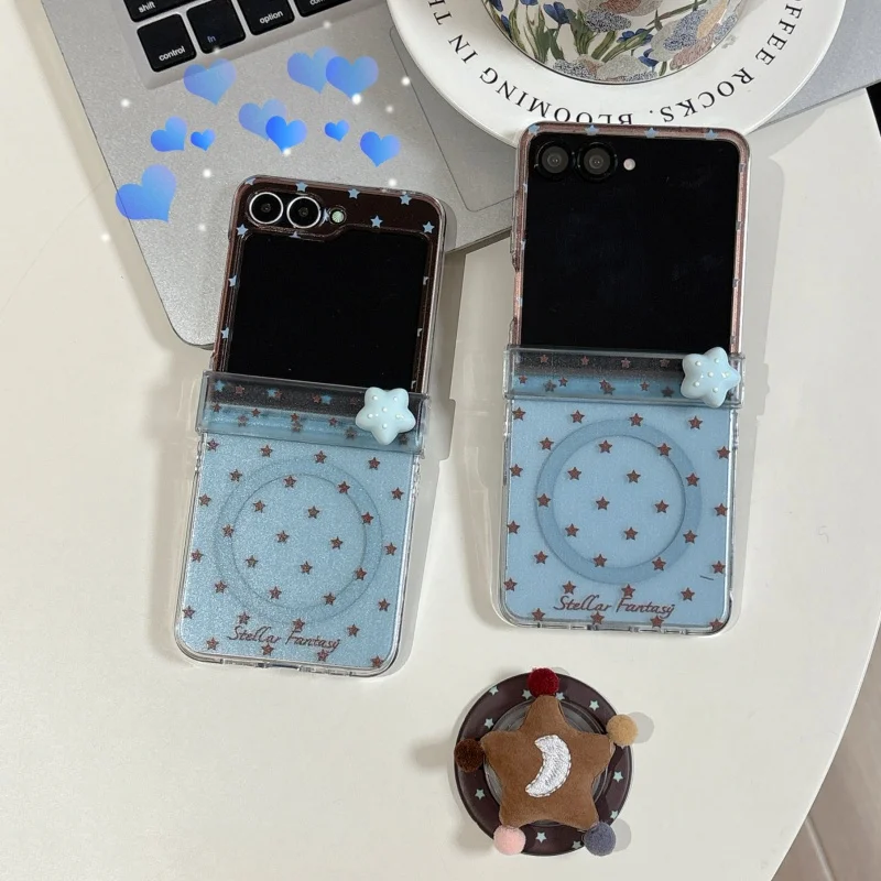 

Korean Cute Little Blue Star Magnetic Phone Case For Samsung Galaxy Z Flip 7 6 5 ZFlip6 Flip5 Back Cover with Star Stand Chain C