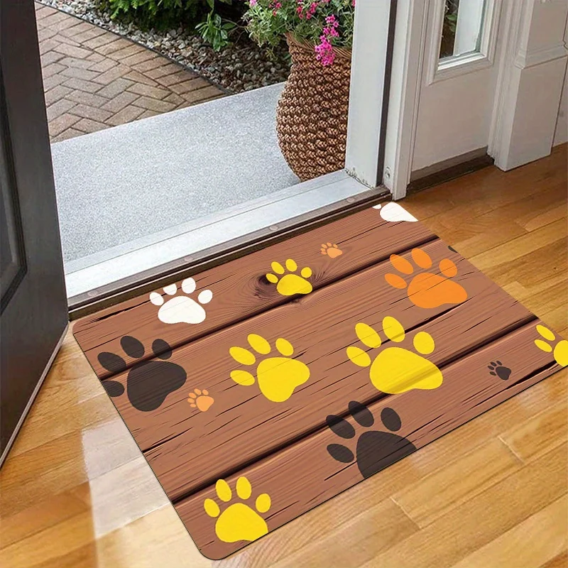1pc Wood grain animal footprint pattern doormat, made of polyester, suitable for bedroom and living room decoration.