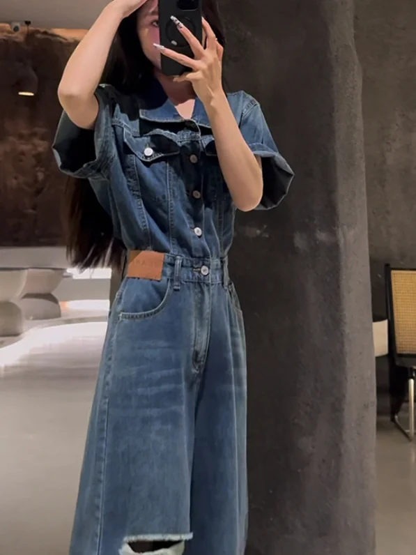 American Retro Denim Overalls Women's High Waist Waist Cinching Wide Leg Pants Design Sense One-Piece Pants Summer 2026