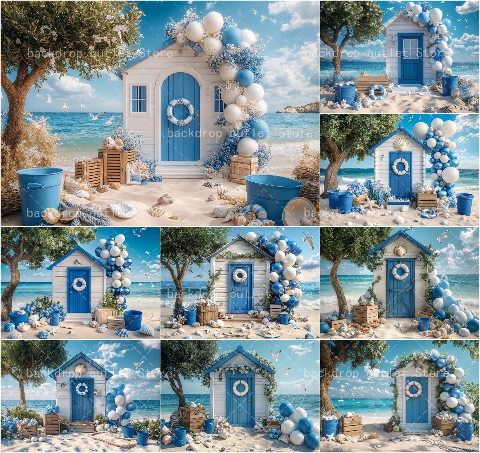 Mehofond Summer Seaside Photography Backdrop Tree Blue Cottage Ocean Wedding Birthday Baby Shower Portrait Background