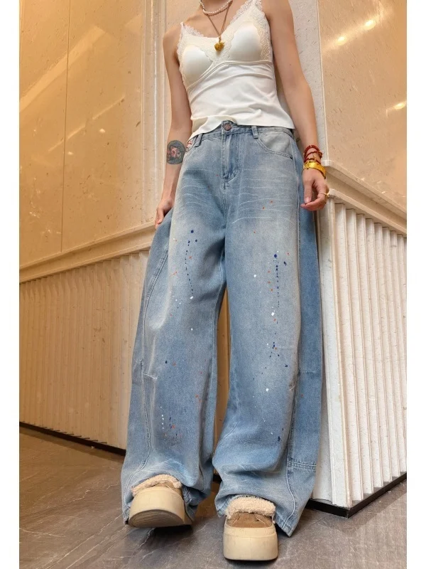 

Monvcki plus 10 Wave Flat plus Size Spring Vintage Wide Leg Jeans Y30 High Waist Cotton Blend Casual Blue Denim Pants