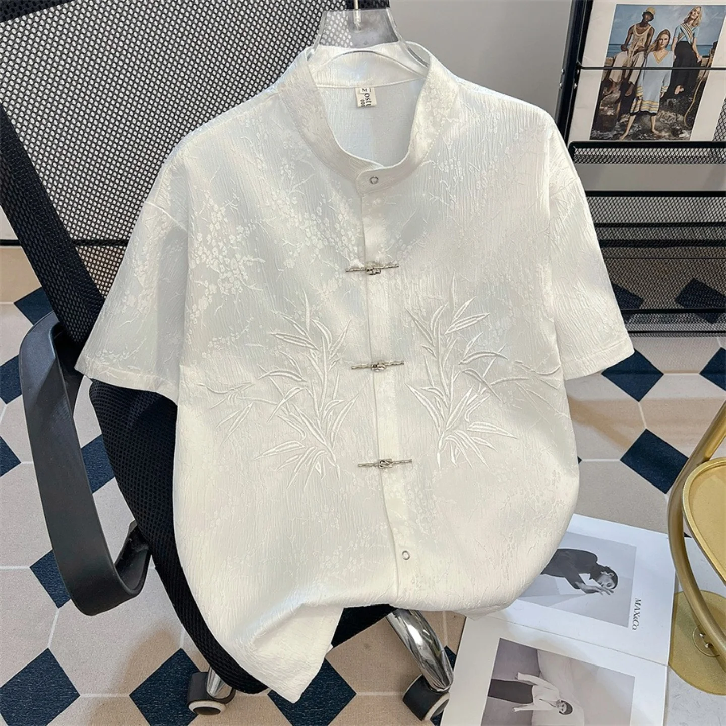 

New Chinese Sle Embroidered Stand Collar ort Sve irt Men Summer Haome High End Feeling National Sle Airplane Bu...