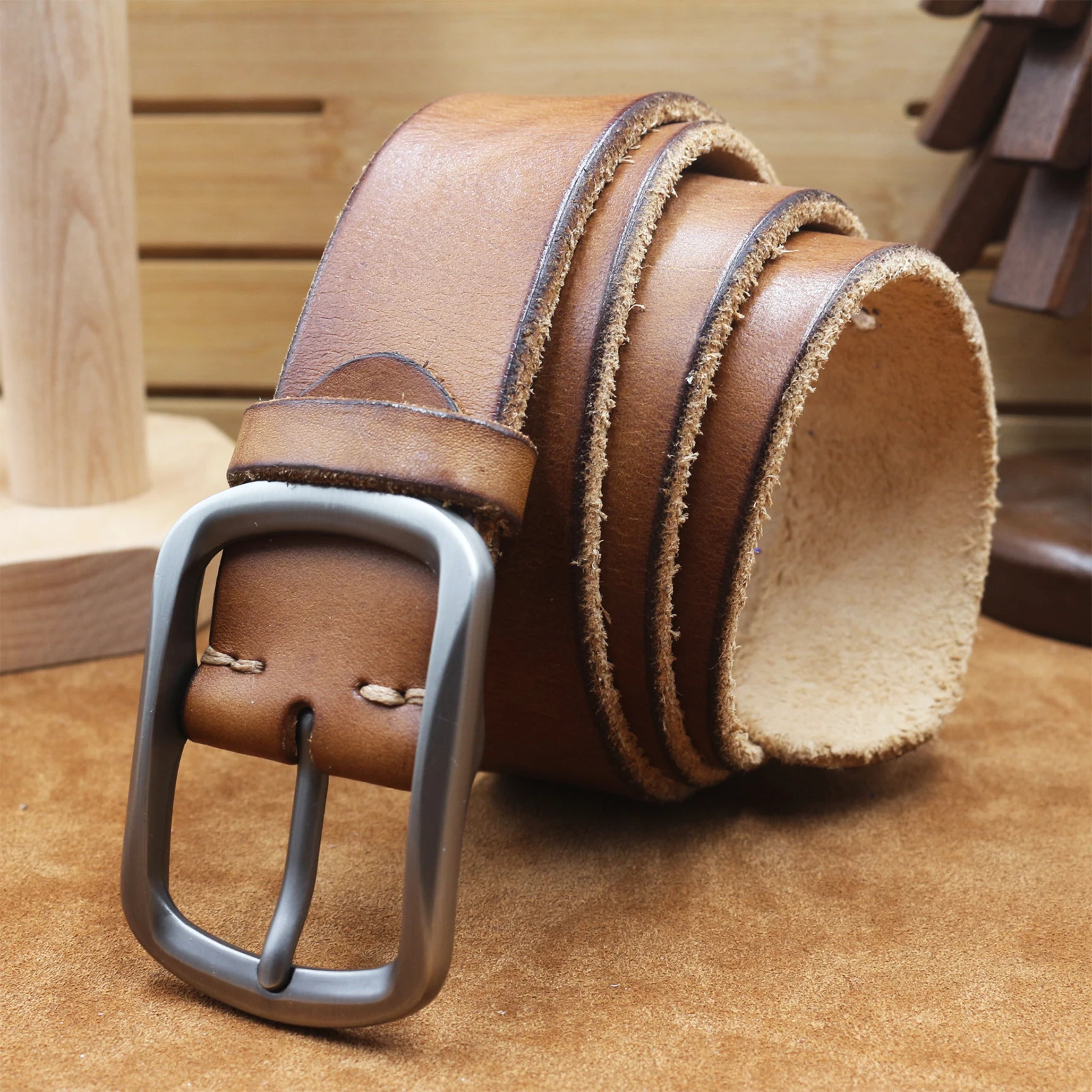 Vintage Men Full Grain Leather Belt Retro Distressed Cowboy Waist Belt Metal Pin Buckle For Daily Jeans Pants