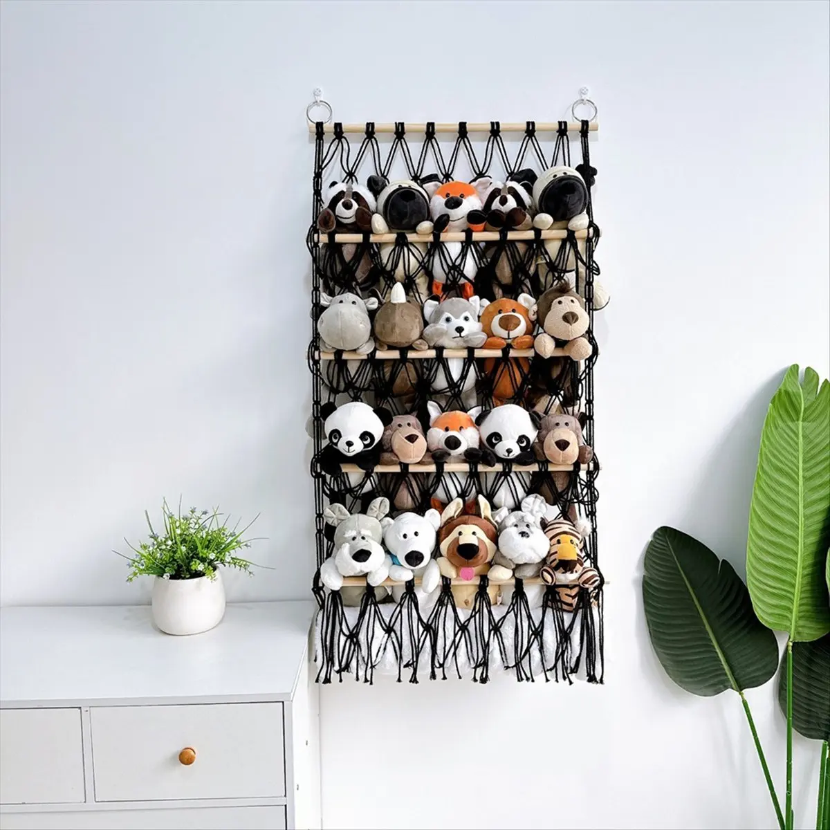 A75K Wall Hanging Organizer Stuffed Animal Toy Net Hammock Nursery Plush Toy Storage Boho Macrame,Pink