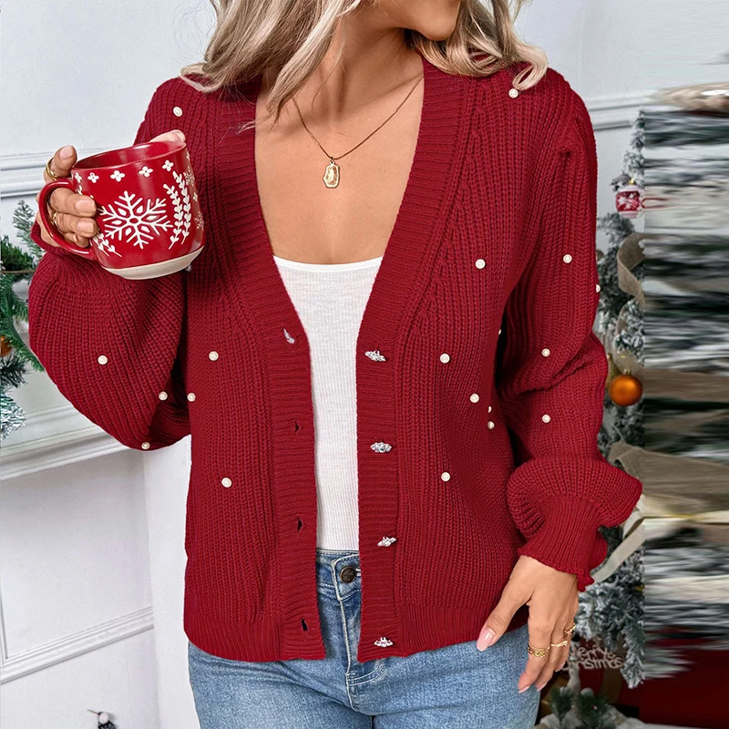 جديد أزياء المرأة محبوك سترة حمراء الخامس الرقبة زر حبة تصميم طويلة الأكمام البلوزات للنساء عيد الميلاد البلوز قمم