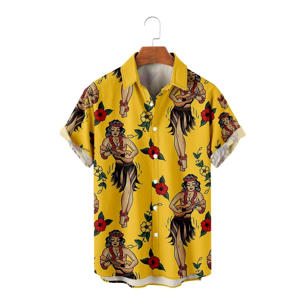 

Men's Hawaiian Yellow Print Shirts Short Sleeves Tops Casual Fashion Men's Clothing Summer Loose Lapel Shirt