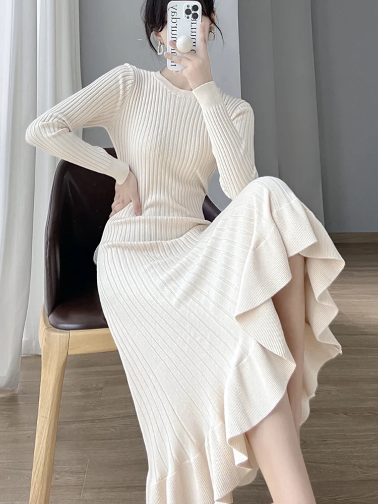 BGTEEVER Elegant O-neck Women Knitted Mermaid Dress Autumn Winter Long Sleeve Pullovers Female Sweater Dress vestidos