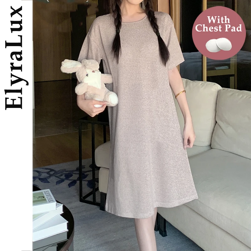 

ElyraLux Women's Nightgown Summer Sleepwear Pajamas for Women Loose Solid Color High End Knee-Length Skirt with Chest Pad