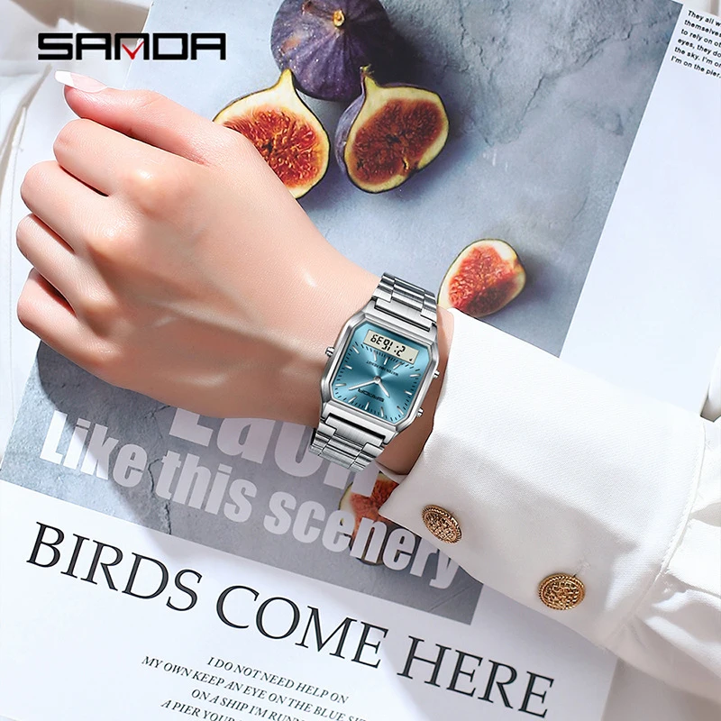 SANDA Stylish Square Steel Band Watch for Men and Women, Dual Display, Waterproof, Multi-Function Business Watch