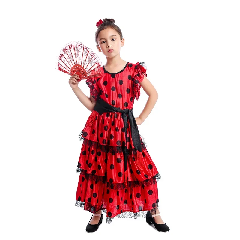

Spanish Girls Flamenco Costume Spanish Dancer Cosplay Kids Halloween Fancy Dress with Red Flower Folding Fan Height 100-150cm