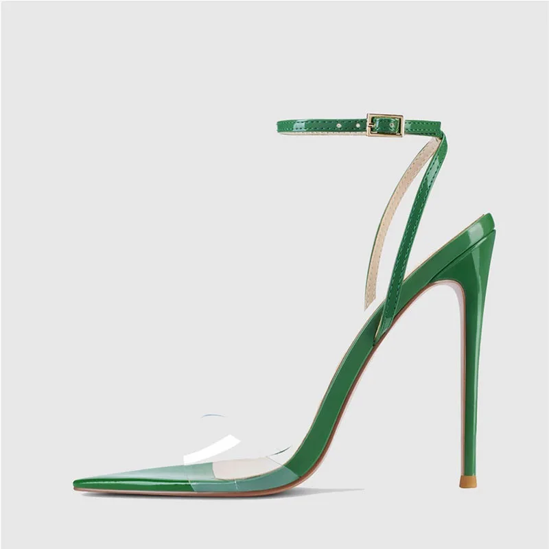 Arden Furtado 2024 Summer Pointed toe Stiletto word-cingulate PVC Mixed Colors sexy Super high heel Open toe Sandals