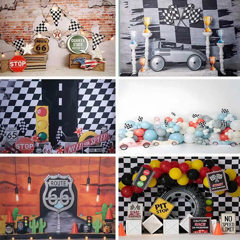 Race Route Car Backdrops For Children Photography Cake Smash Black White Traffic Lights Backgrounds For Photos Studio Props