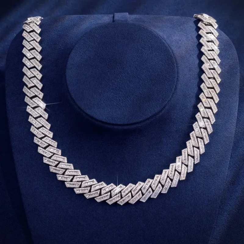 Hand Crafted Baguette Cut Cuban Link Chain Vvs Moissanite 19mm Iced Out Cuban Link Chains