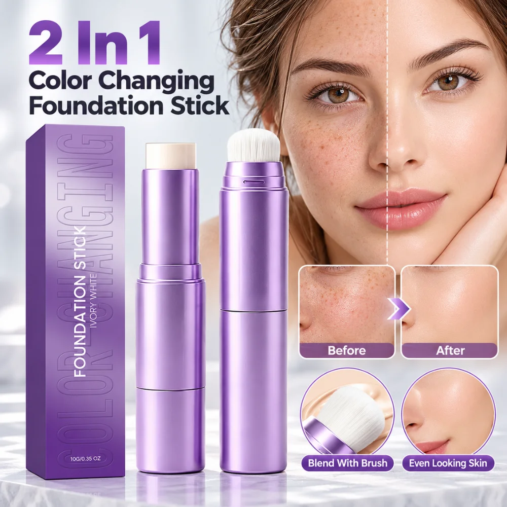 2 In 1 Color Changing Foundation Stick 10g With Built In Brush Hydrating Makeup Base For Natural Looking Everyday Coverage