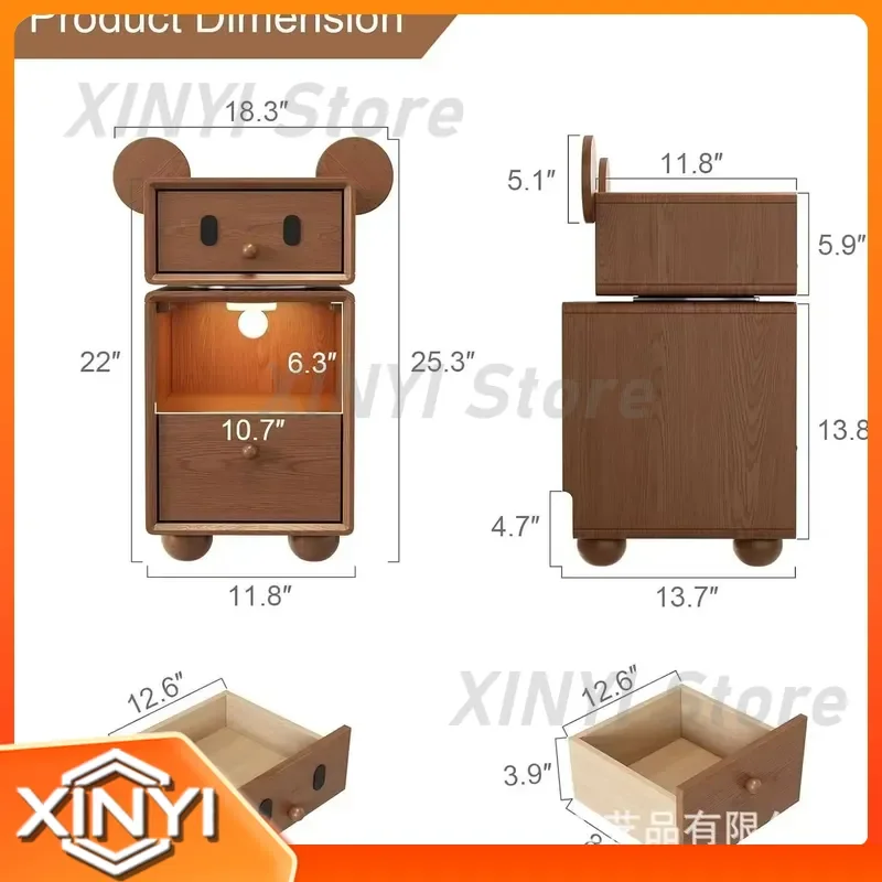 Kids Bedside Table for Children Bedroom Walnut Wood Cartoon Storage Cabinet with Drawers Small Nightstand for Kids Room