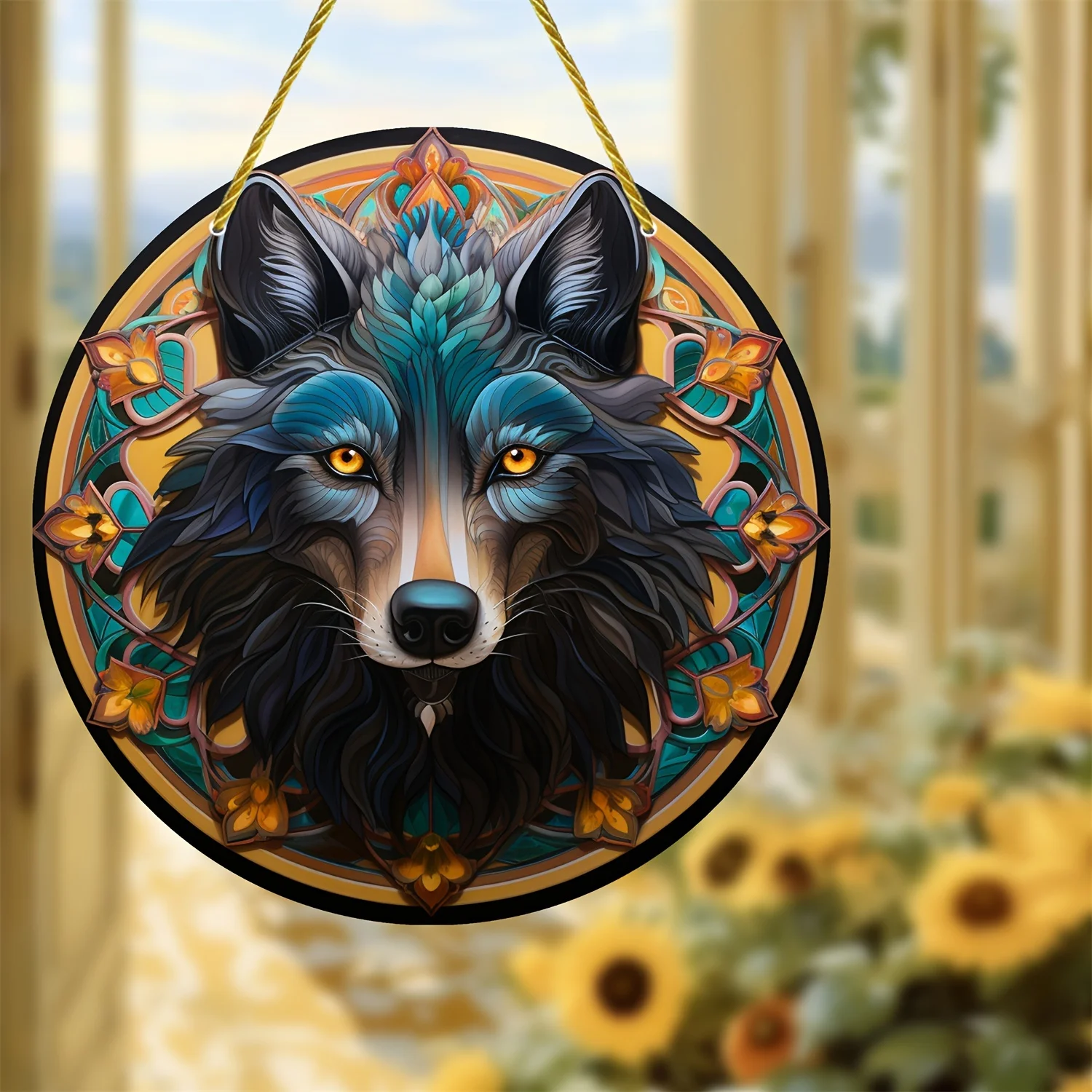 Wolf Logo Window Decor,Wolf Suncatcher,Family,Lover,Friends,Acrylic Round Wreath Logo,Yard, House, Room, Home,Door Welcome