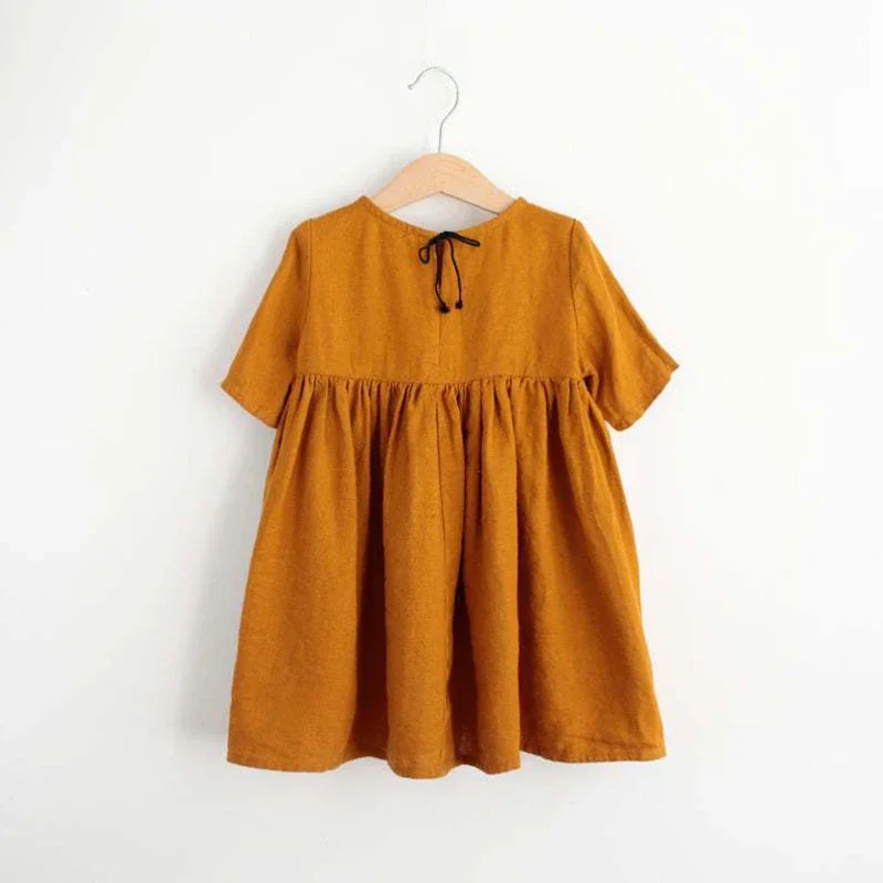 New Fashion Girls 100% Cotton Dress Solid Color Children\'s Casual Short-Sleeve Pleated Dresses WT016