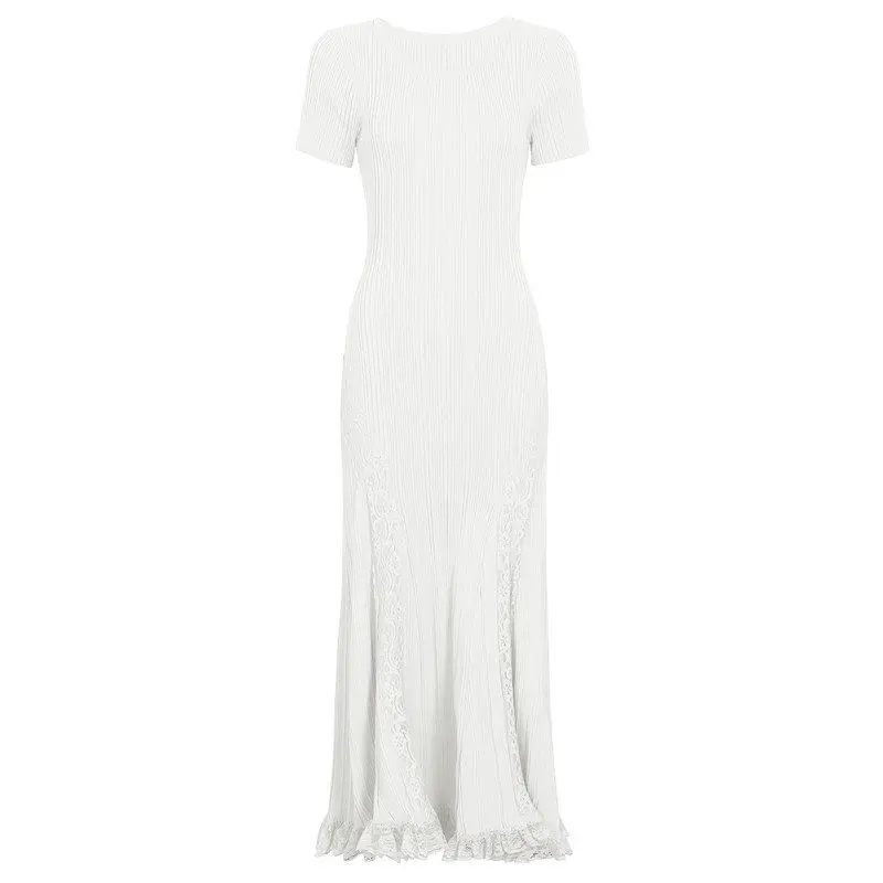 

Fashionable Lace Knitted Short Sleeve Dress Women's High Waist Fish Tail Long Dress City Walk Business Casual Summer New Arrival