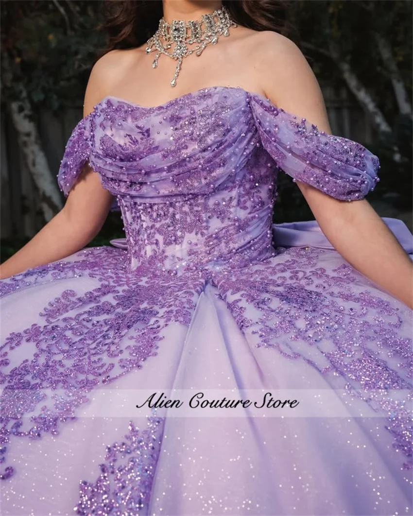 

Princess Lilac Purple Princess Quinceanera Dresses With Bow Vestidos De 15 Anos Appliques Pearls Birthday Party Dress Customized