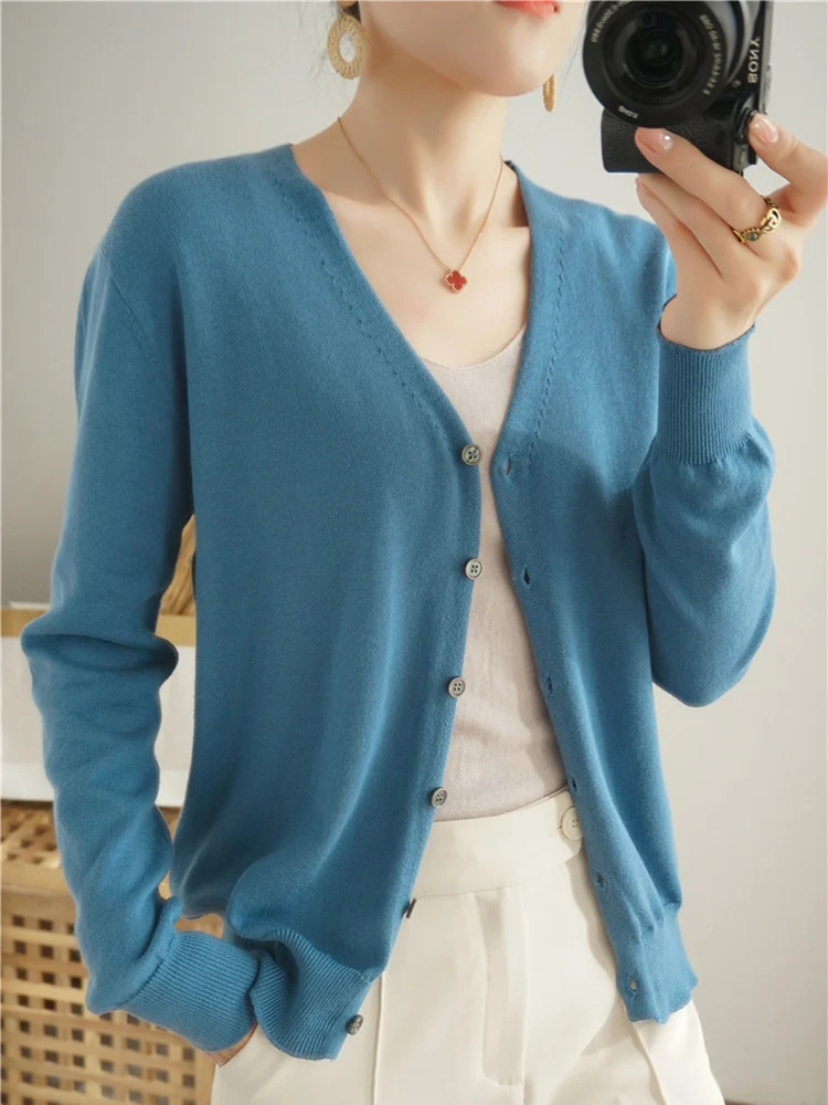 100% Cotton Line Long Sleeve V-Neck Knitted Cardigan Women Loose Short Solid Color Simple Sun Protection SMY K61