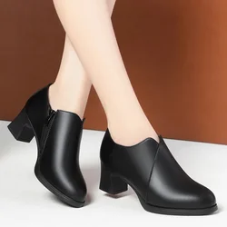 5.5cm Comfortable Deep Mouth Soft Leather Shoes Women's Pumps 2026 Spring Black Block Heels Shoes for Office Mom Dance Model