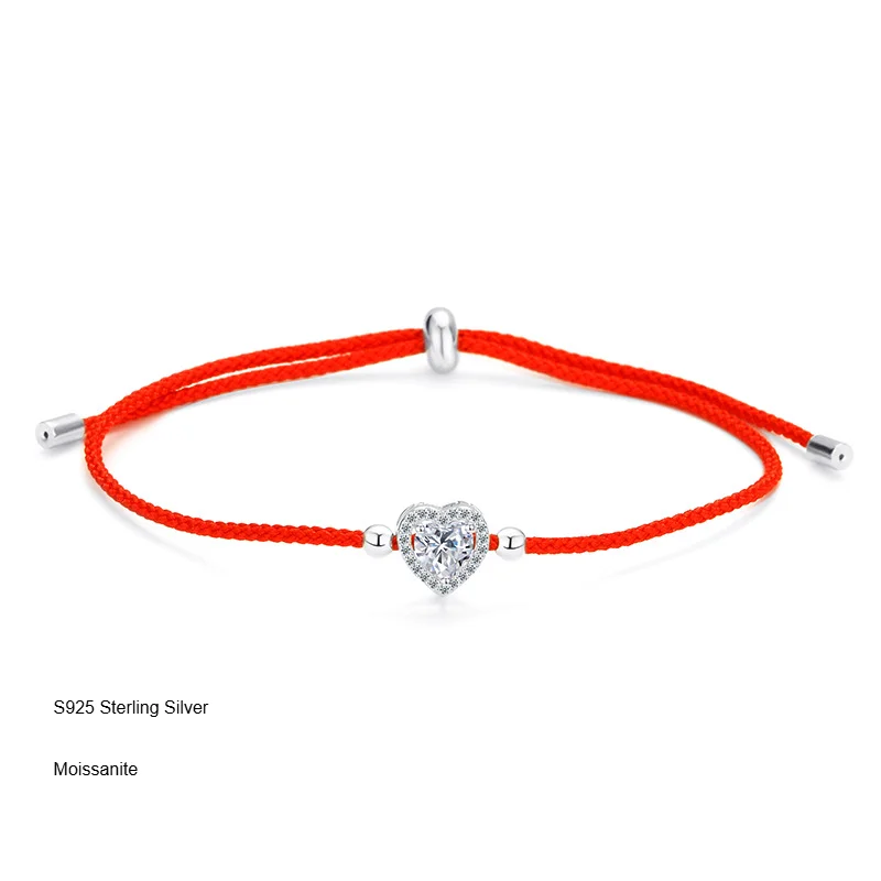 

S925 Sterling Silver Moissanite Inlaid Women's Bracelet, Luxury Eternal Heart, Heart-shaped Zircon Red Rope Bracelet Jewelry