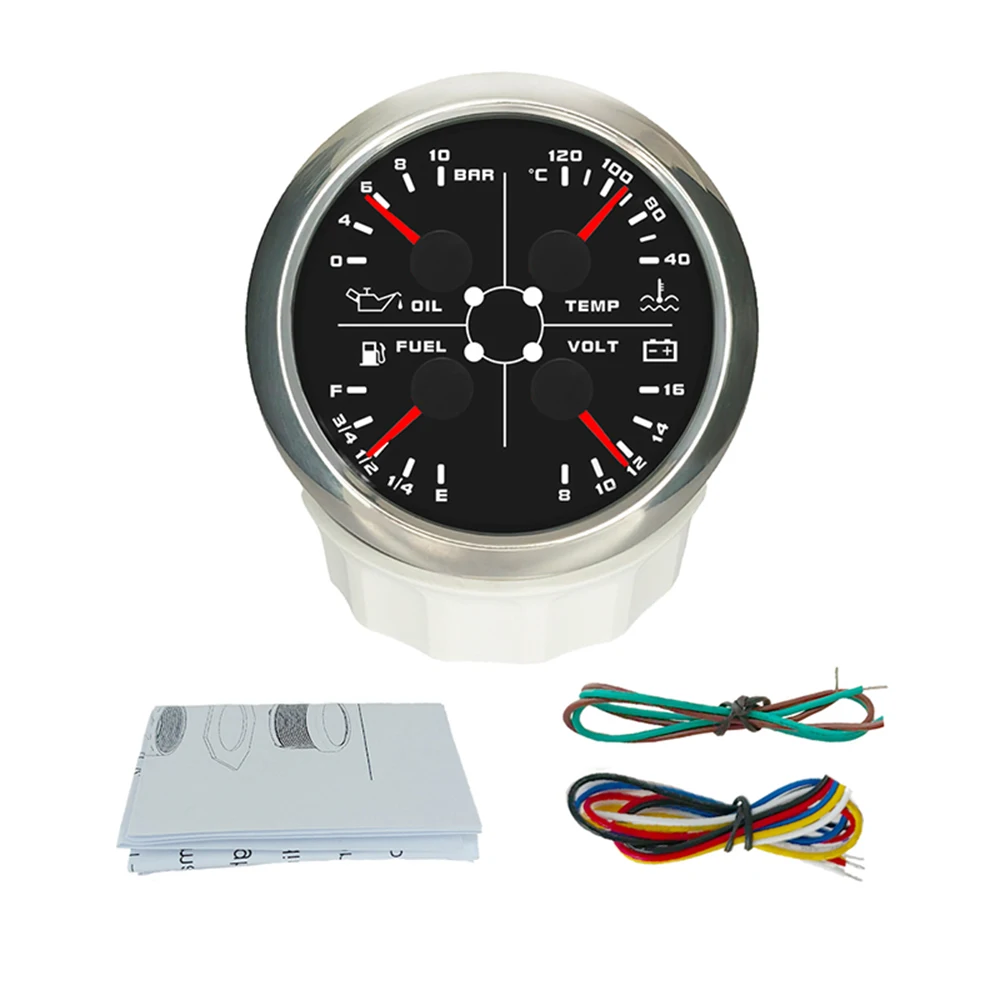 Waterdichte autoboot 85 mm 4 in 1 meter 10 bar oliedruk 100-250 ℉   40-120 ℃   Watertemperatuur Brandstofniveau 8-16V Voltmeter met lichtalarm
