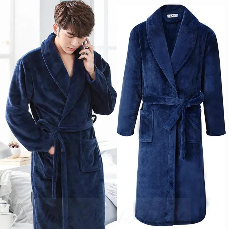 Autumn Winter Thick Flannel Men Robe Kimono Bathrobe Gown Coral Fleece Sleepwear Home Clothes Plus Size Nightwear Lounge Wear