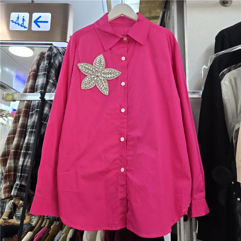 WTHT 트렌디 여성 헤비 인더스트리 다이아몬드 3D 장식 캐주얼 셔츠 2025 가을 패션 긴 소매 블라우스 여성 1LS2586