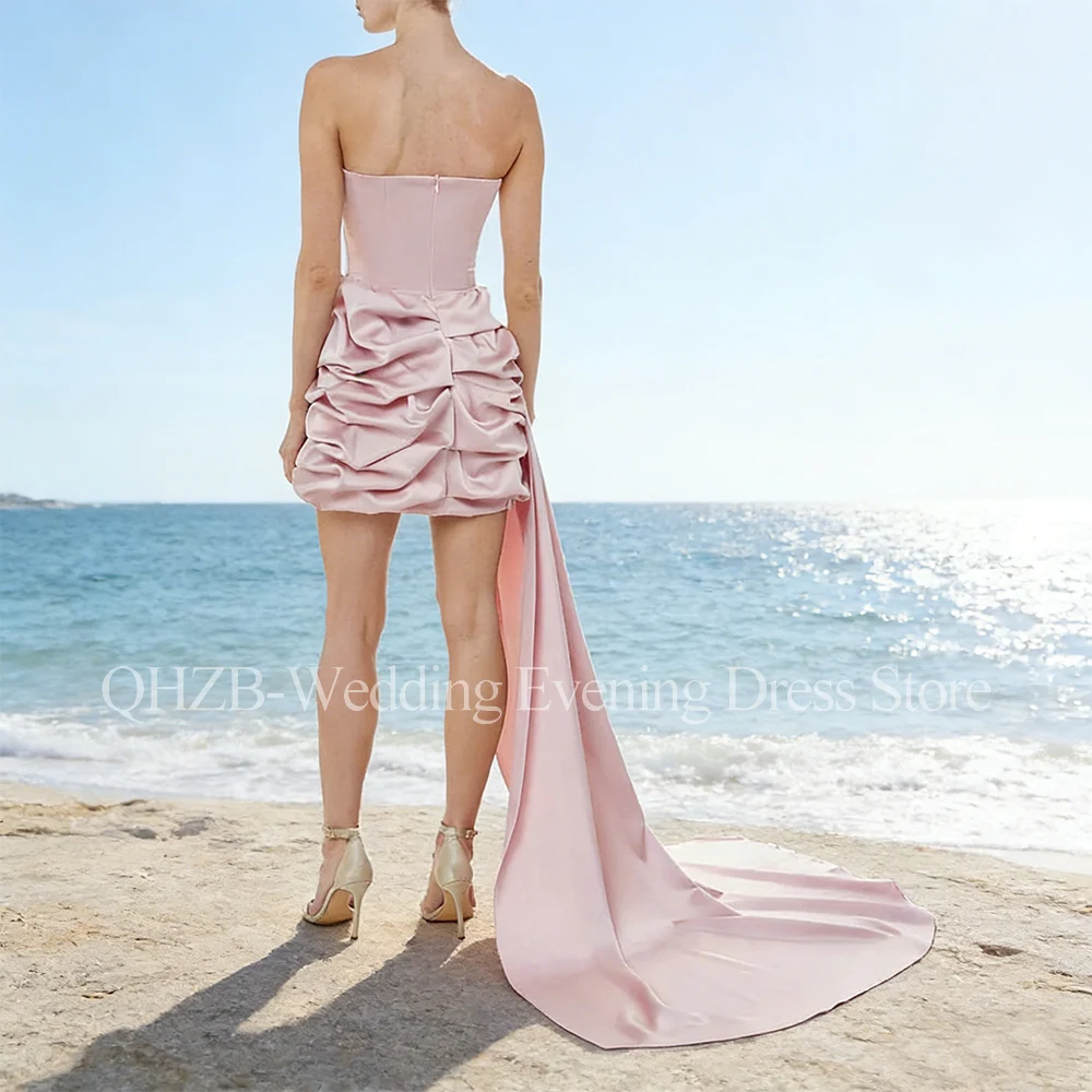 ชุดเดรสสั้นสีชมพูหรูหราสำหรับงานพิเศษ ผ้าซาติน สายเดี่ยว เปิดหลัง สำหรับผู้หญิง งานวันเกิด งานพรอม งานราตรี ปี 2026