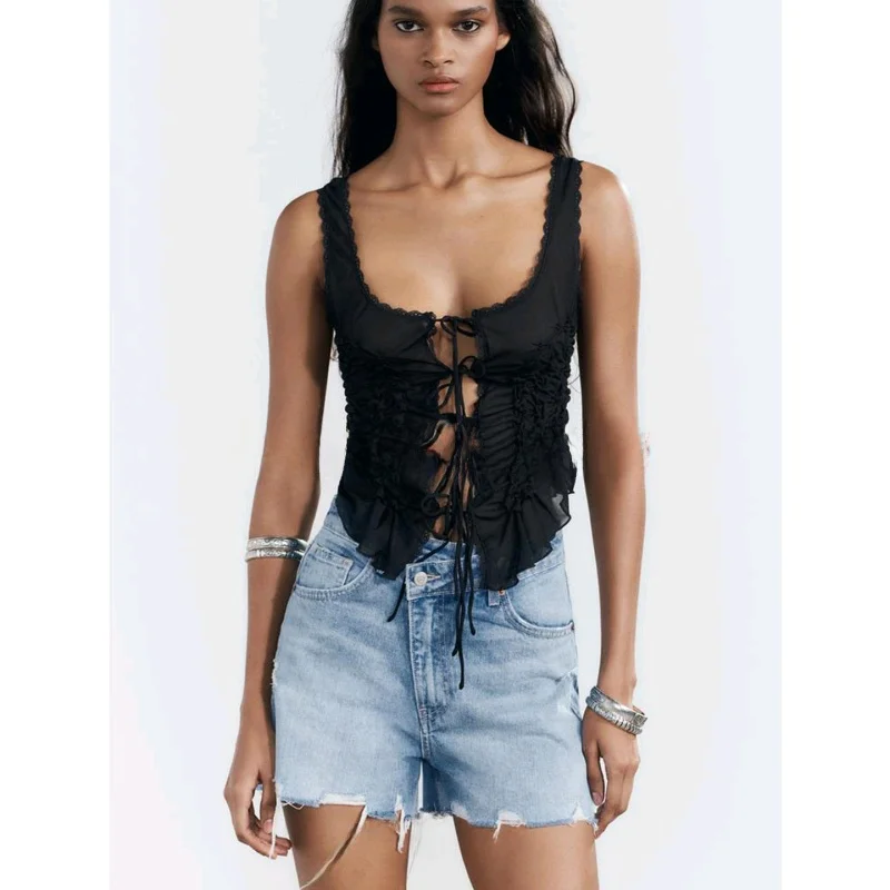 여름 여성 패션 비대칭 밑단 나비 매듭 장식 주름 없는 민소매 심플 탑 순수한 욕망 스타일 937304