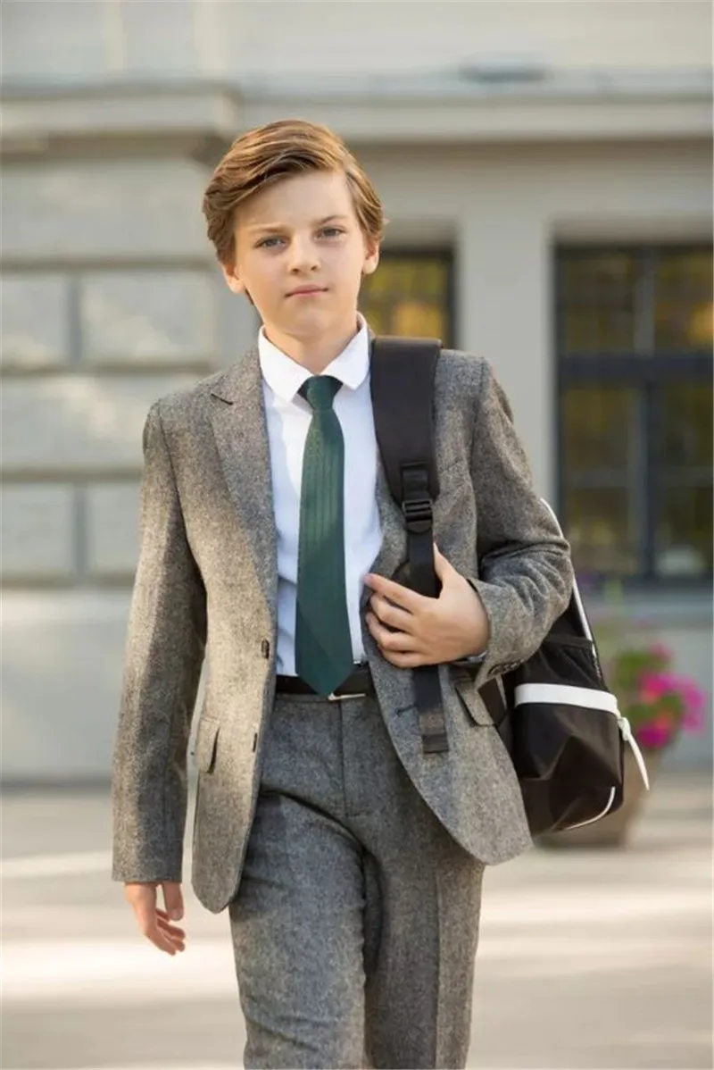 

Grey Tweed Boys Formal Wears Kids Suits Notched Lapel Two Buttons Wedding Ring Bearer Kids Tuxedos Blazer Suits(Jacket+Pant )