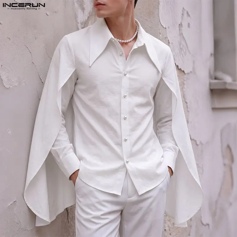 INCERUN Men Shirt Solid Color Lapel Long Sleeve Button Irregular Shirts For Man Streetwear Loose 2026 Fashion Casual Shawl Tops