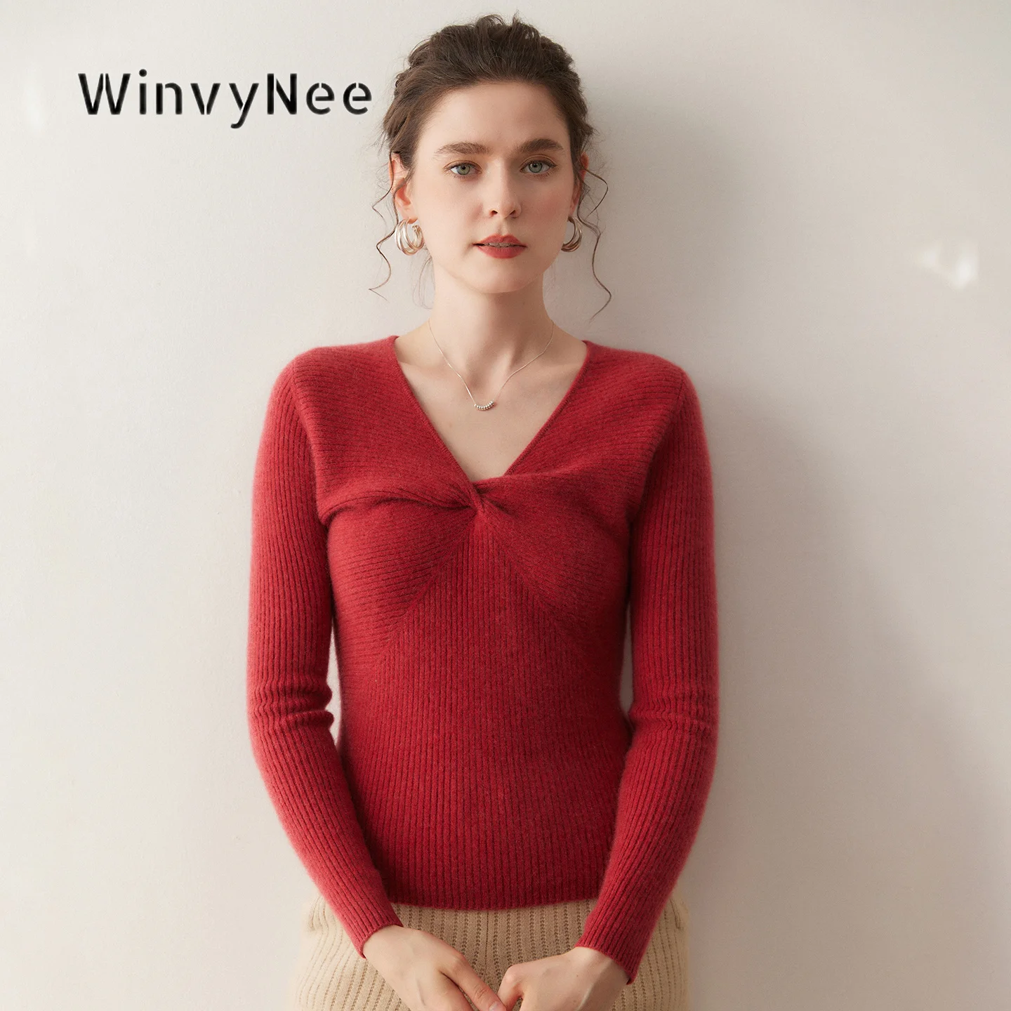WinvyNee Women Twist V Neck Solid Rib Knit Pullover Loose Thermal Wool Jumper Slim Fit Minimalist Autumn Winter Garment A1654013