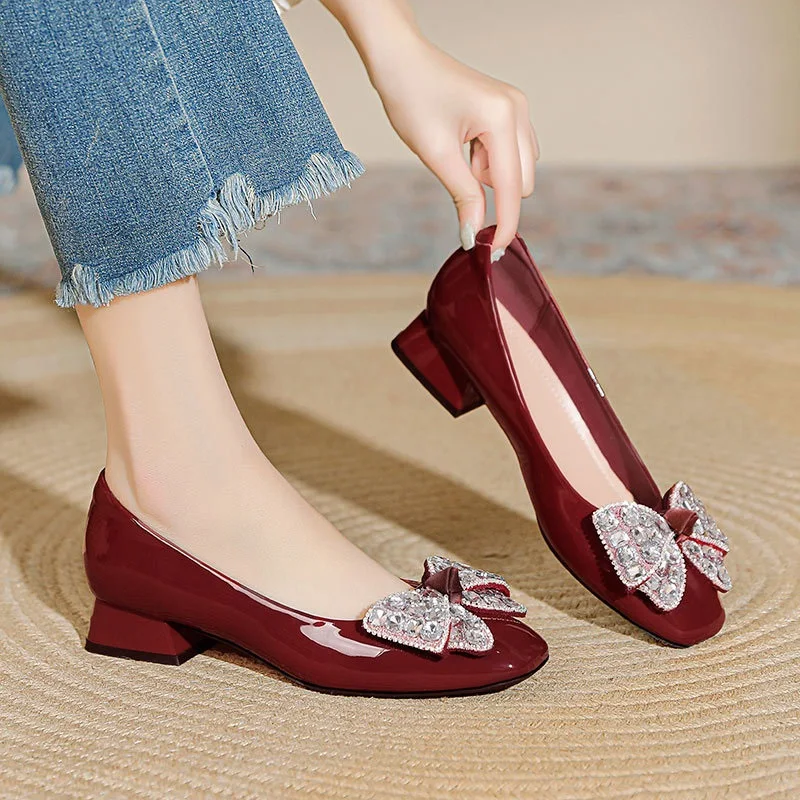 Casual New Lady Chunky Heel Crystal Plaid Fashion Sexy Heel Shoess Square Toe Women Footwear Lady Pumps Sexy Evening Shoes S091