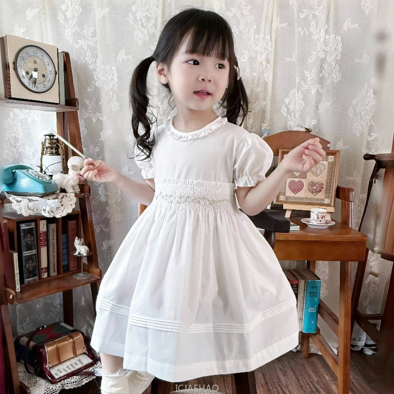 

Teen Girl Clothes Children White VintageKorean Style Casual Outfit Summer Smock Dress Kids Girls Short Sleeve Simple Costume
