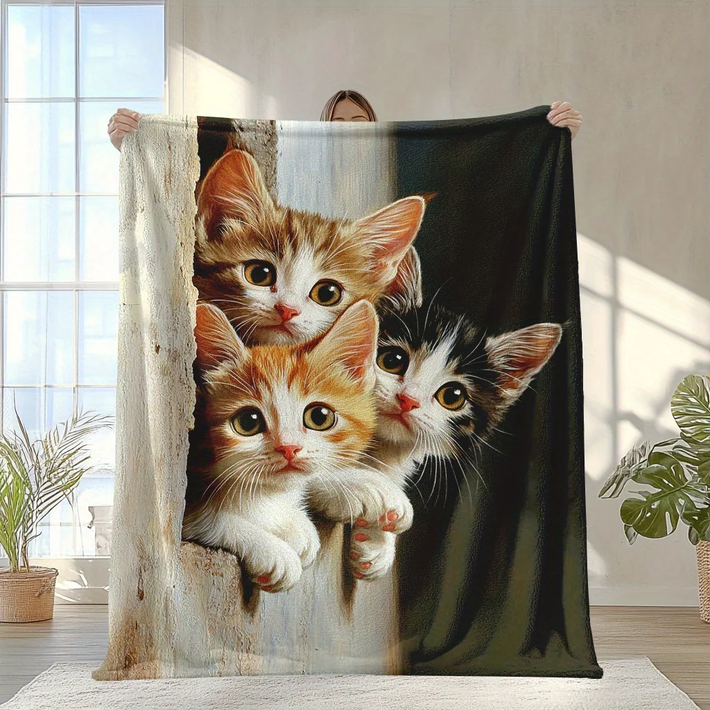 cute pattern of three little cats Flannel printed blanket suitable for all seasons suitable for living room office sofa travel
