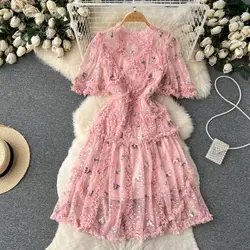 Runway Vintage Cascading Ruffles Flower Cake Dress Summer Women Sweet Mesh Embroidery Short Sleeve Party Vestidos N968