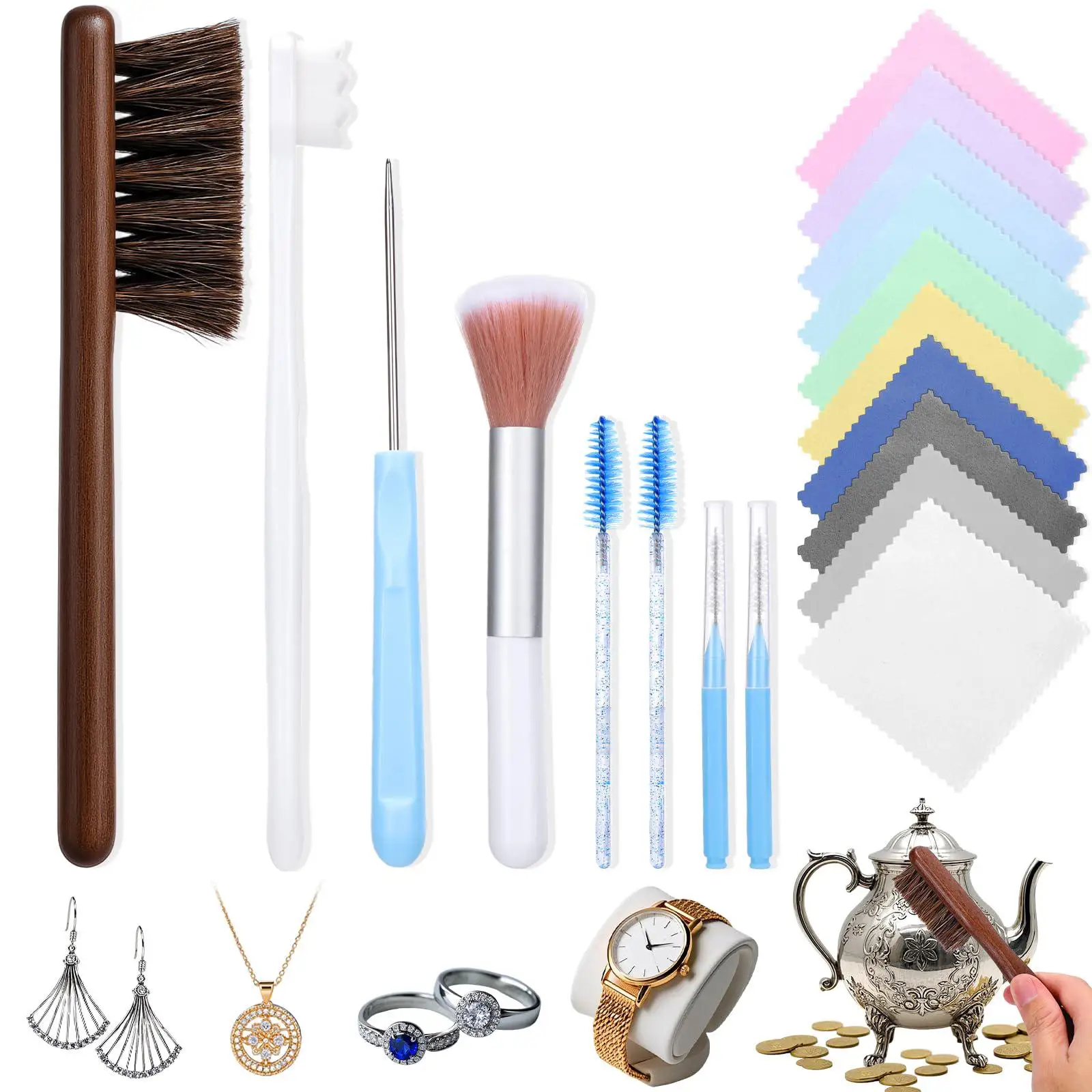18x Jewelry Cleaning Set Cleaner Tool,Professional,Pin,Polishing Cloth Crevice Brush for Gold Earring Diamond Necklaces