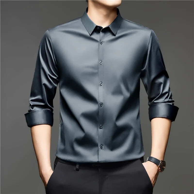 Mens Luxury Silky Long Sleeve Shirt Slim Fit Wrinkle Free Button Down Lapel Tops Business Formal Daily Wear For Men