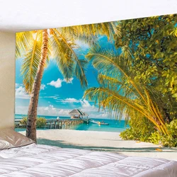 Beach Sunset Landscape Tapestry Wall Hanging Coconut Tree Printed Wall Art Hotel Room Decoration Items Aesthetic Dorm Home Decor