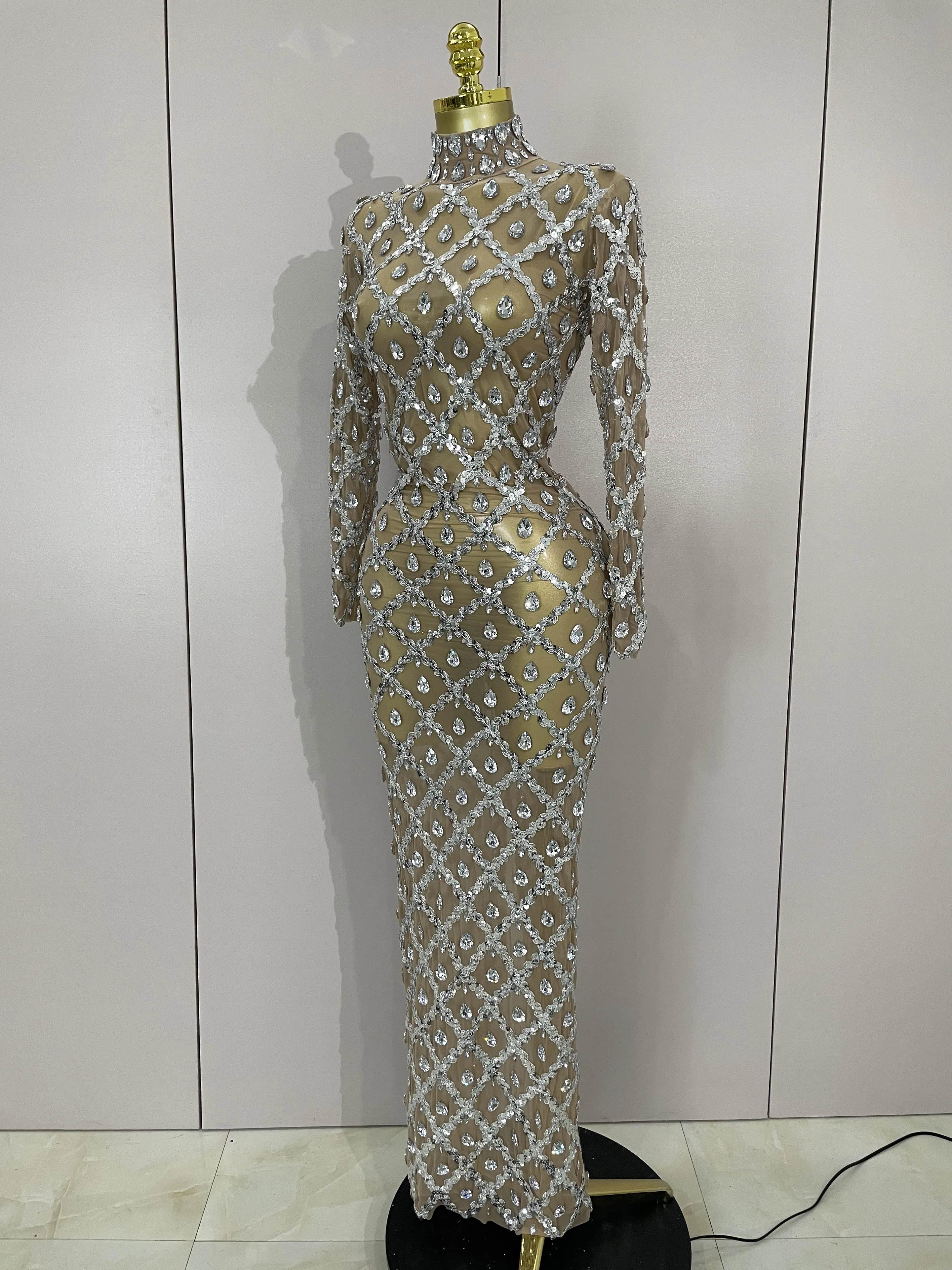 Women Sexy Shining Rhinestone Sequin Long Dress Luxury Birthday Dress Evening Prom Gown Transparent Singer Club Stage Host Dress