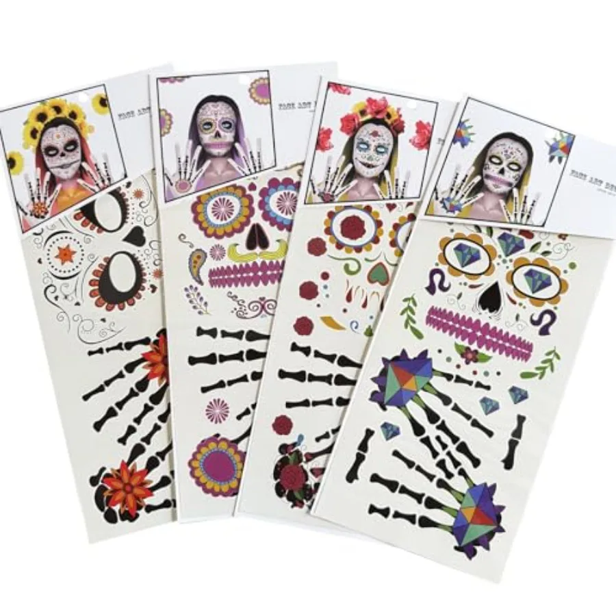 Day of Dead Face Tattoos, 4-Sheet Sugar Skull Tattoos Temporary Stickers Fake Floral Finger Skeleton Hand Tattoo