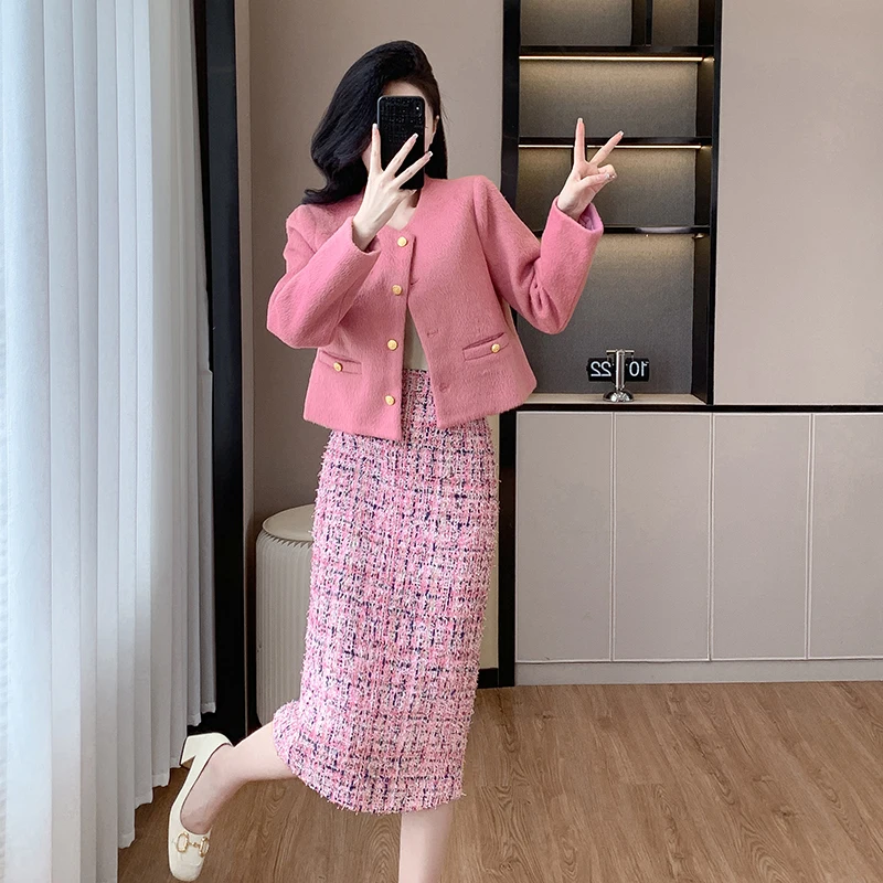 High-end Women's Pink Suit Jacket 2024 Autumn and Winter Socialite Elegant Coat Top Half-length Skirt Office Lady Two-piece Set