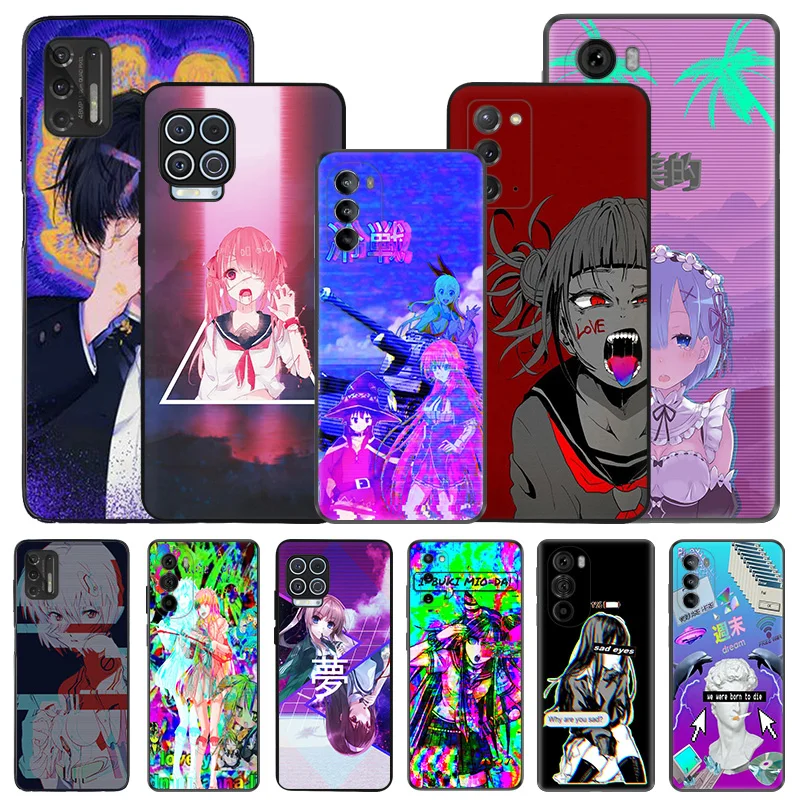 Silicone Black Phone Case for Motorola G72 G53 G73 G9 G50 G51 G60 G71 G22 G32 G52 Vaporwave Girl Anime Moto Edge 30 20 40 Cover