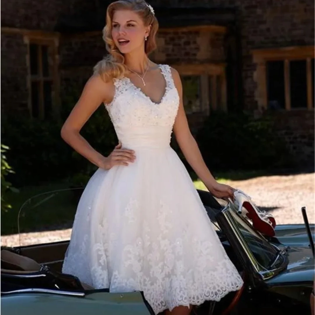 

2024 Vintage Short Length Wedding Dresses A-Line V Neck Beaded Lace Country Wedding Dresses Plus Size Vestidos De Novia Custom