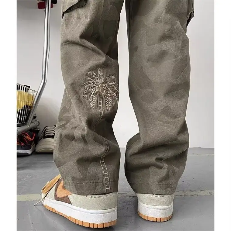 Washed Camouflage Work Pants American Retro Military Green Embroidered High Street Versatile Straight Casual Trousers