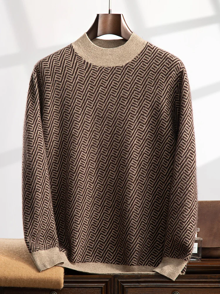 

High Quality Men Jacquard Sweater 100% Cashmere Knitwear Autumn Winter Warm Mock-neck Long Sleeve Pullover Smart Casual Clothes