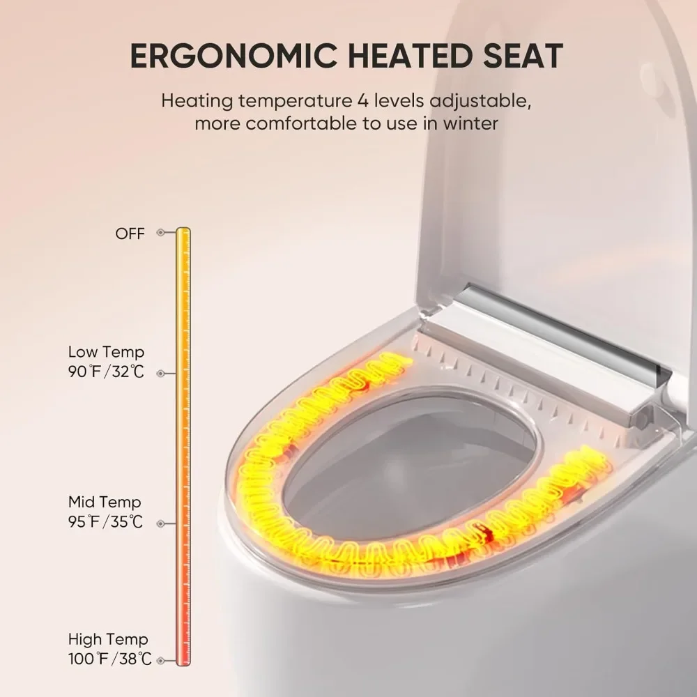 Smart Toilet with Built-in Heated Seat, Tankless Toilet with Auto Flushing, Adjustable Seat Temp, Flush Remote Control,Elongated