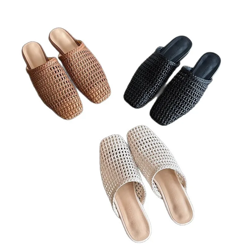 

2026 Summer Hand Woven Sheepskin Closed Toe Mules Breathable Hollow Out Flat Slides Casual Outdoor Wearable Slippers